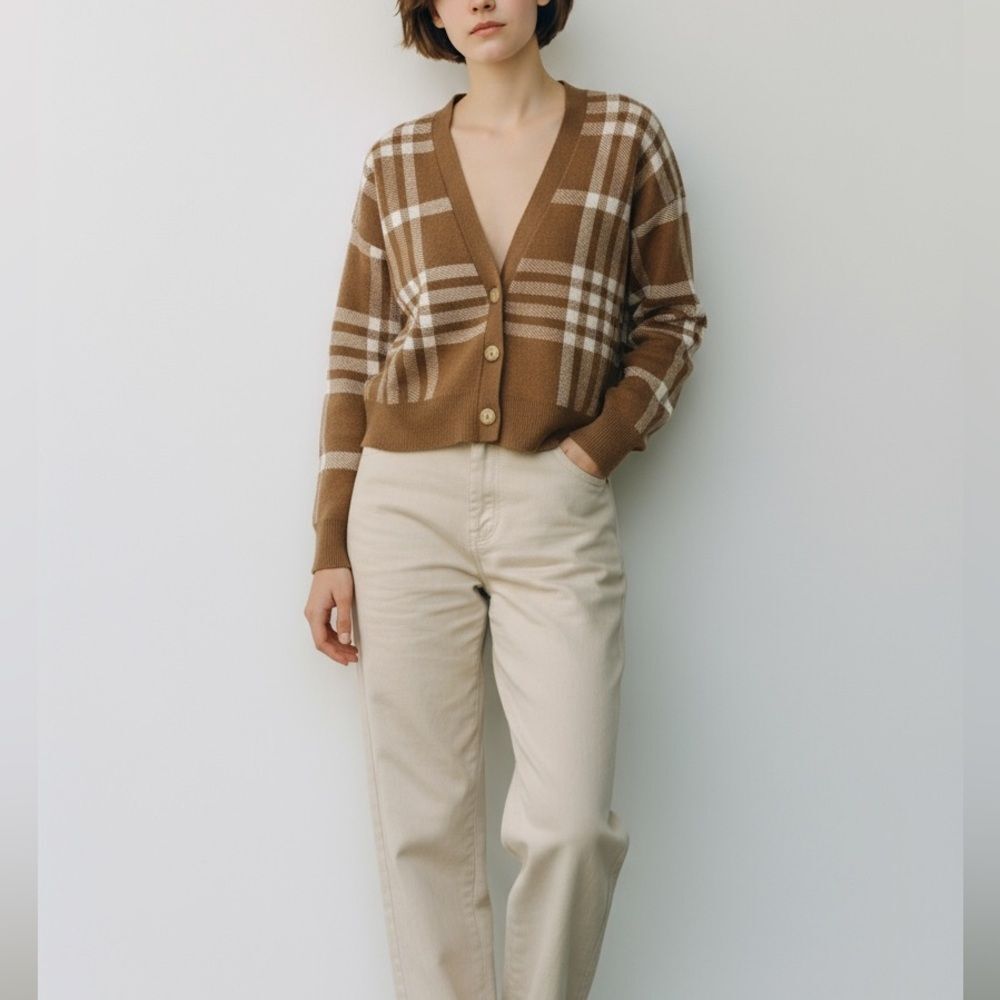 Rachel Zoe Three Button Cardigan Sweater XS Tan White Plaid Academia Twee